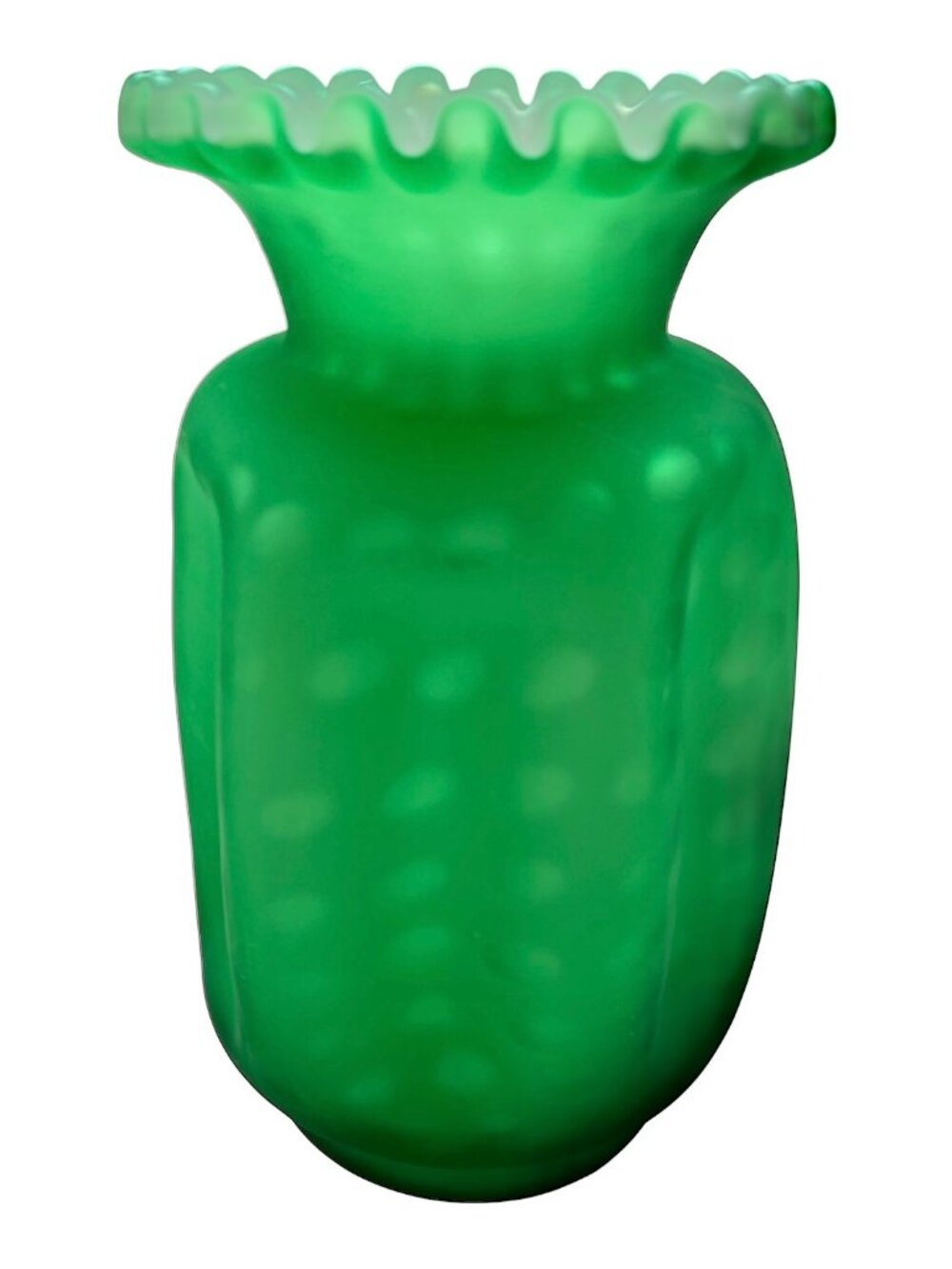 Vintage 1950s Fenton Green Apple Overlay Pinched Ruffled Vase